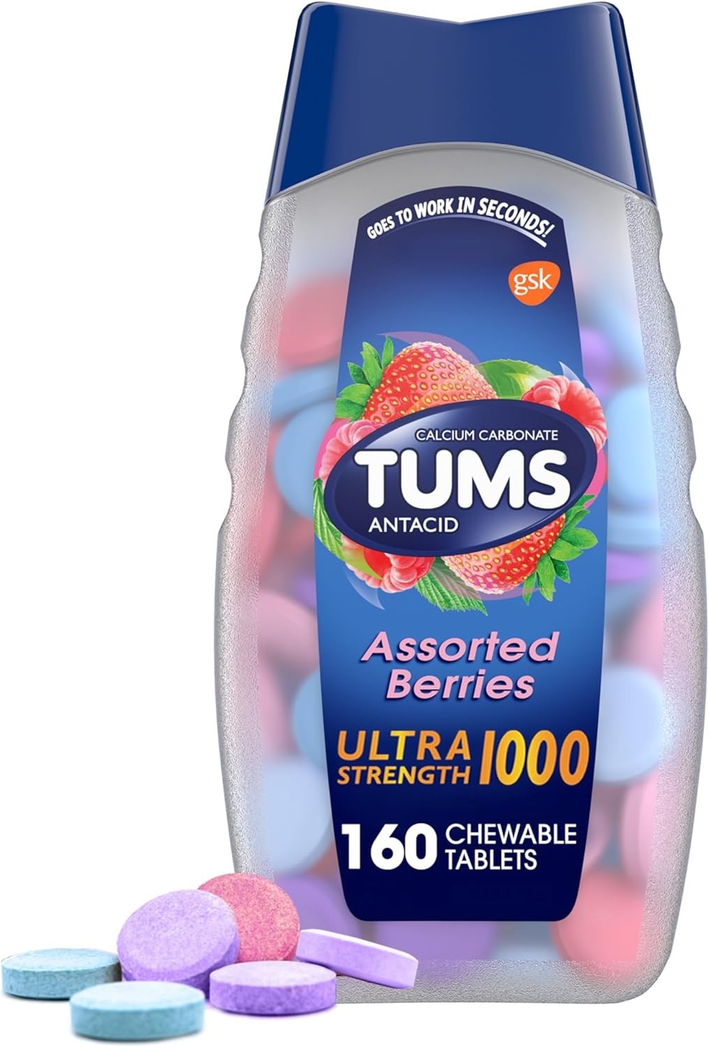 TUMS Ultra Strength Antacid Tablets, Heartburn & Acid Relief, Berries, 160 Ct