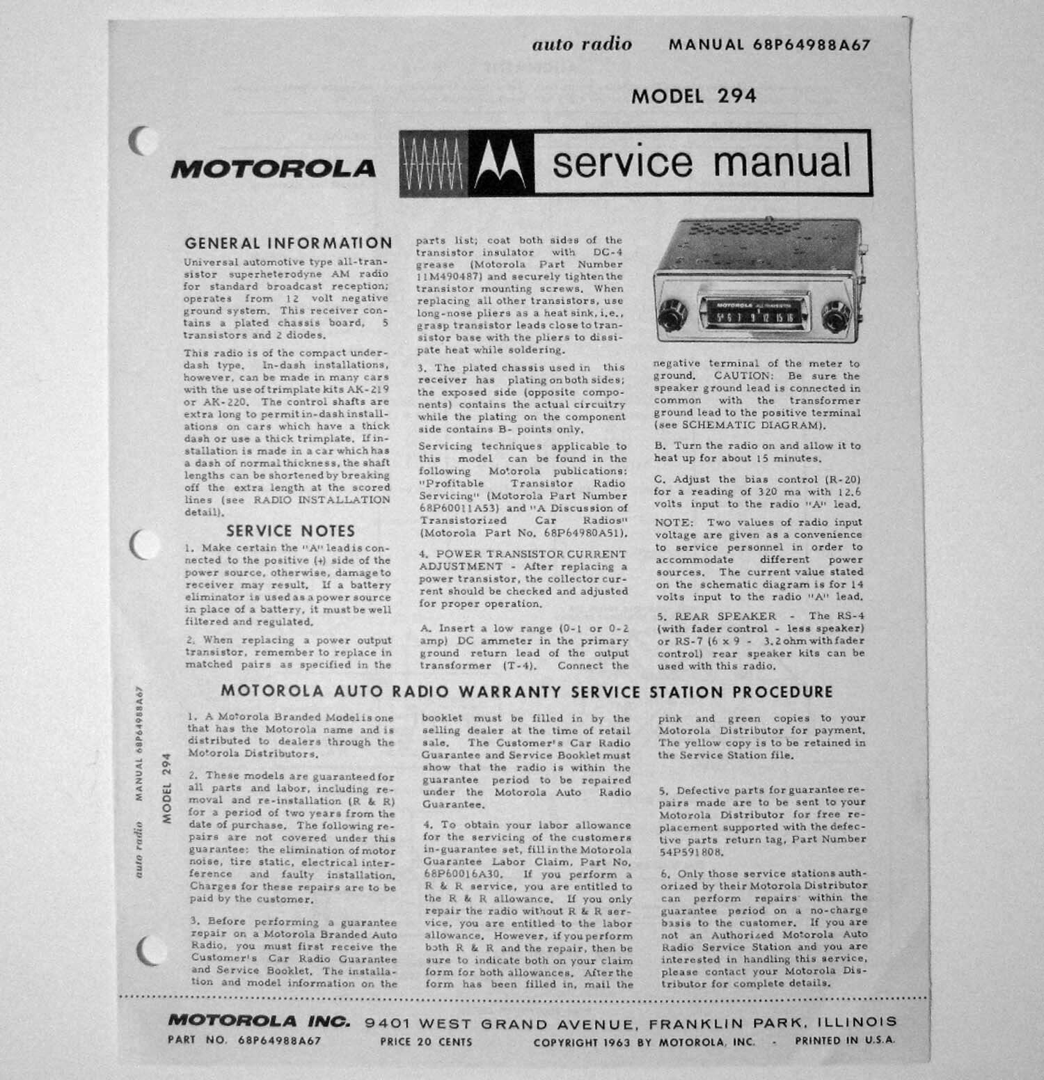 Motorola ® Model 294 Universal Auto Radio Service Manual © 1963