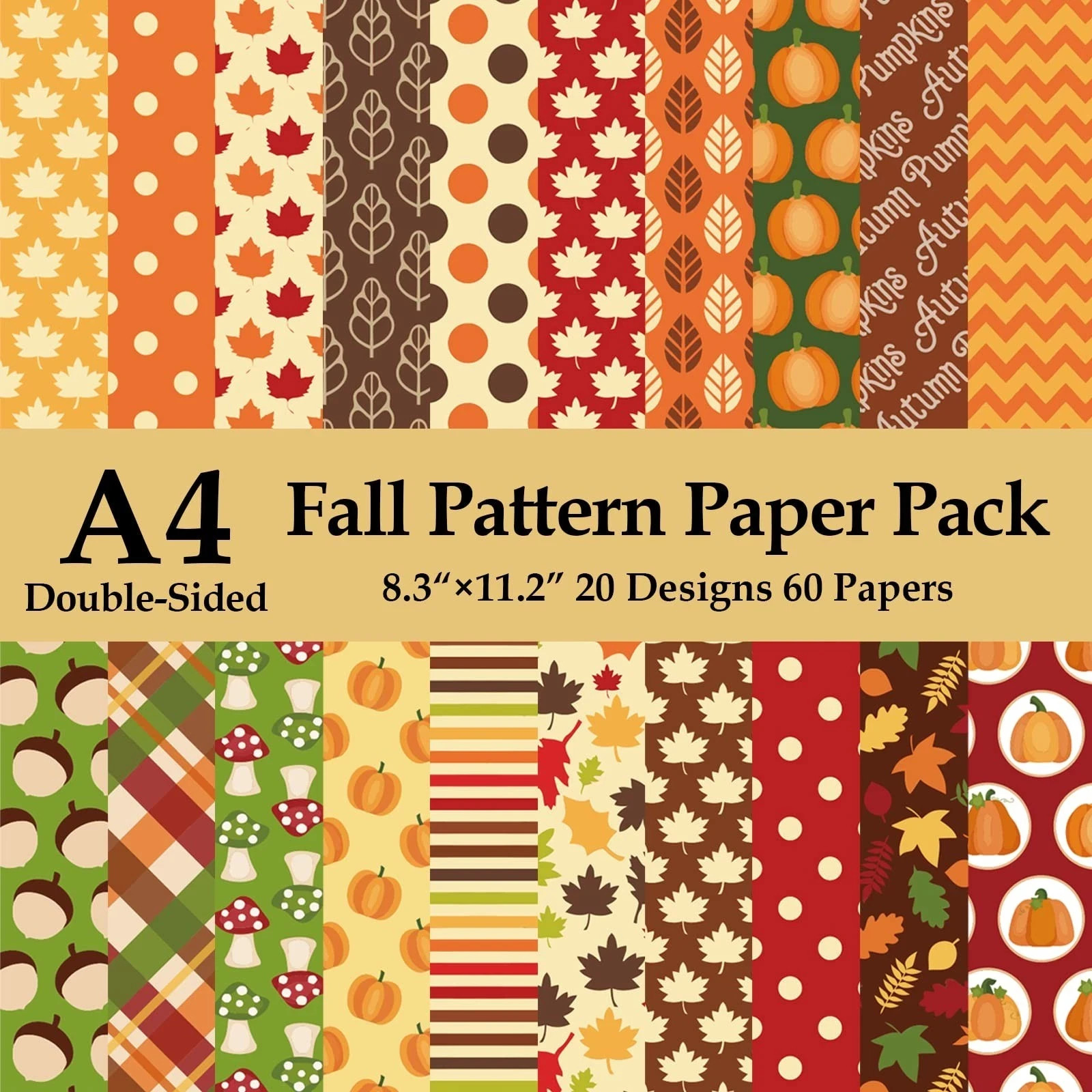 60 Sheets Autumn Fall Pattern Paper 8.5 x11 inch Fall Pumpkin Leaves Double-S...