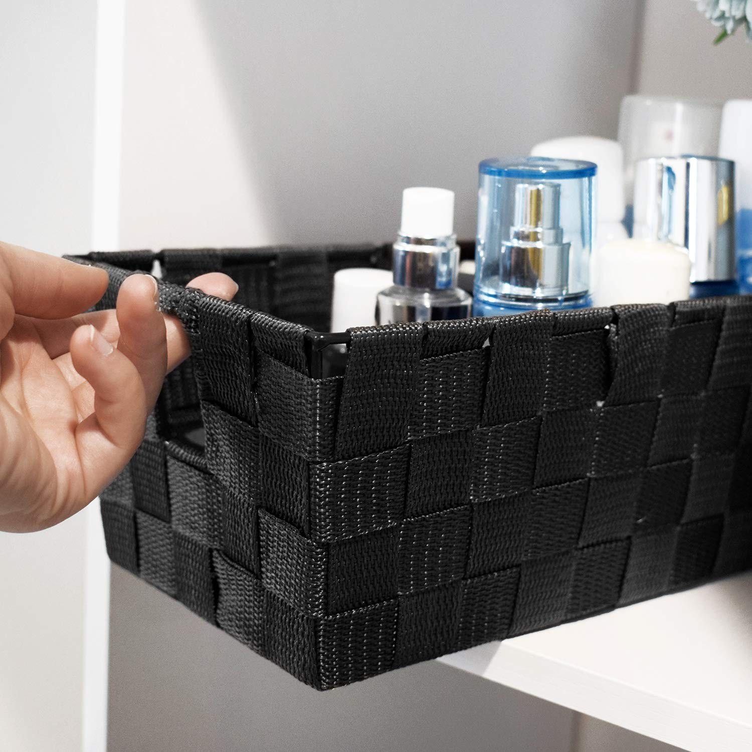 Woven Black Storage Baskets Shelf Tote Boxes 3 Pack, Strap