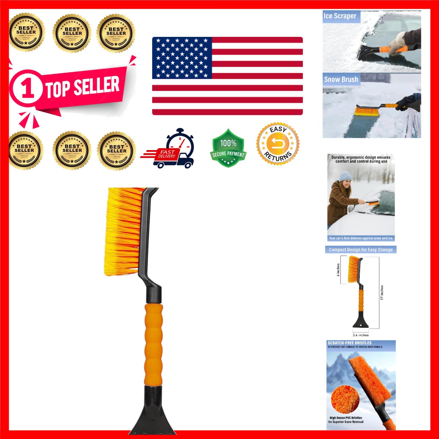Compact 17" Ice Scraper and Snow Brush for Small Cars - Must-Have Winter Tool
