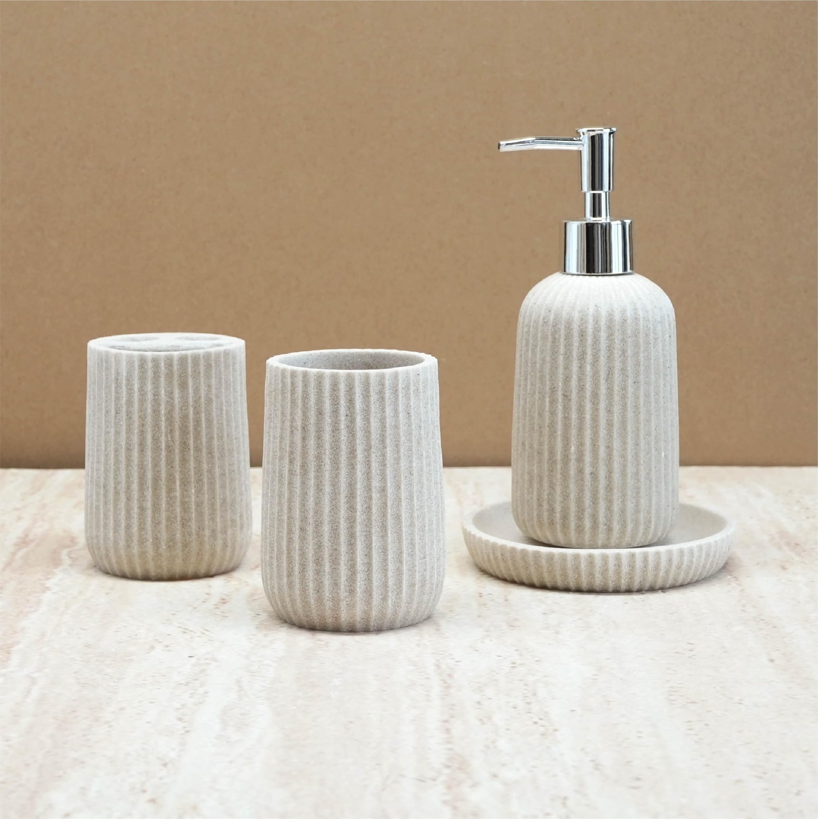 4-Piece Bathroom Accessory Set - Modern Resin & Sandstone Collection - Includ...