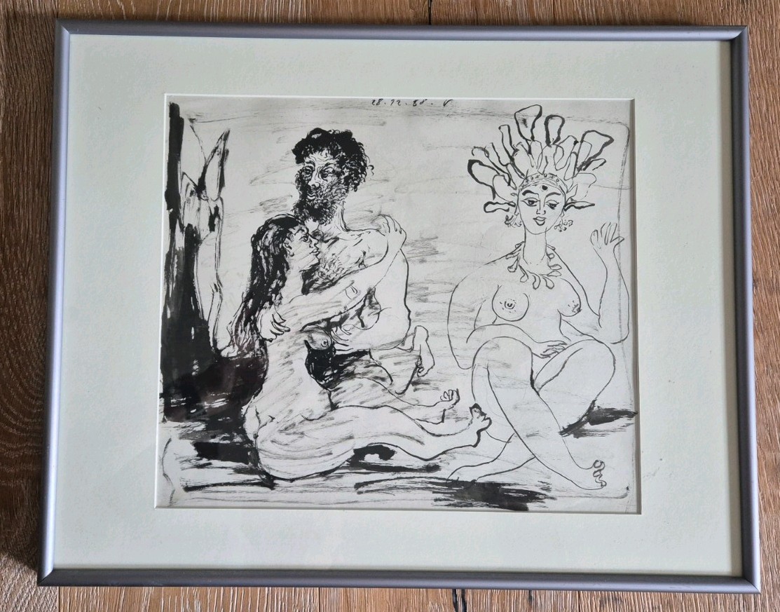 Nude Man Woman Picaso Style Pencil Ink 40 x 50cm 1958