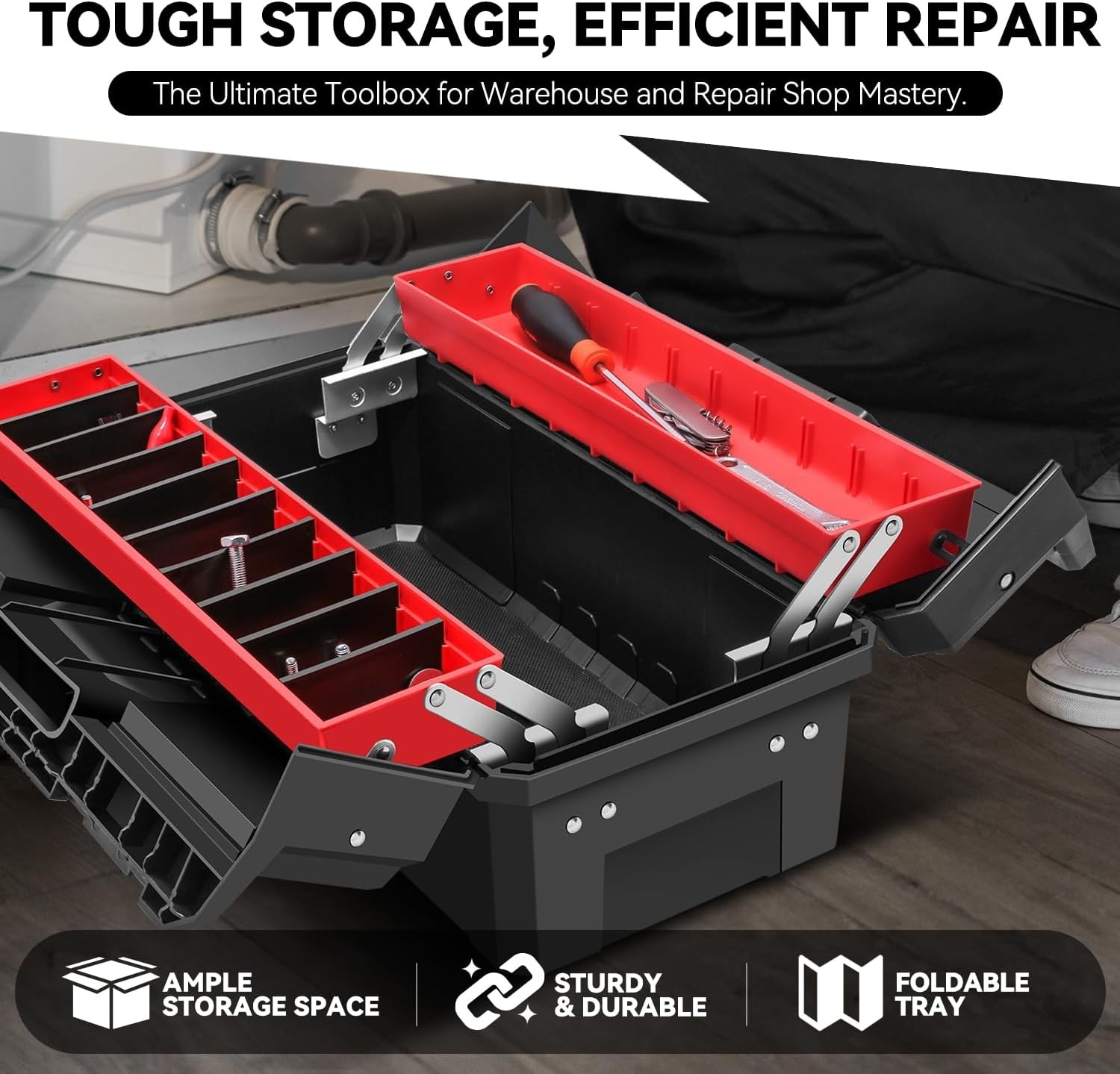 Tool Box Set Portable 2-layer Folding Toolbox W/ Non-slip Handle Tray Garage