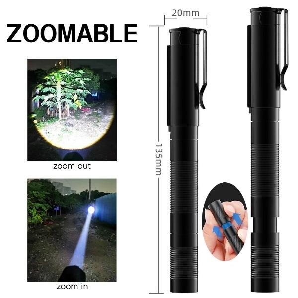 LED Flashlight USB Rechargeable Pen Light Zoom Waterproof Small Torch