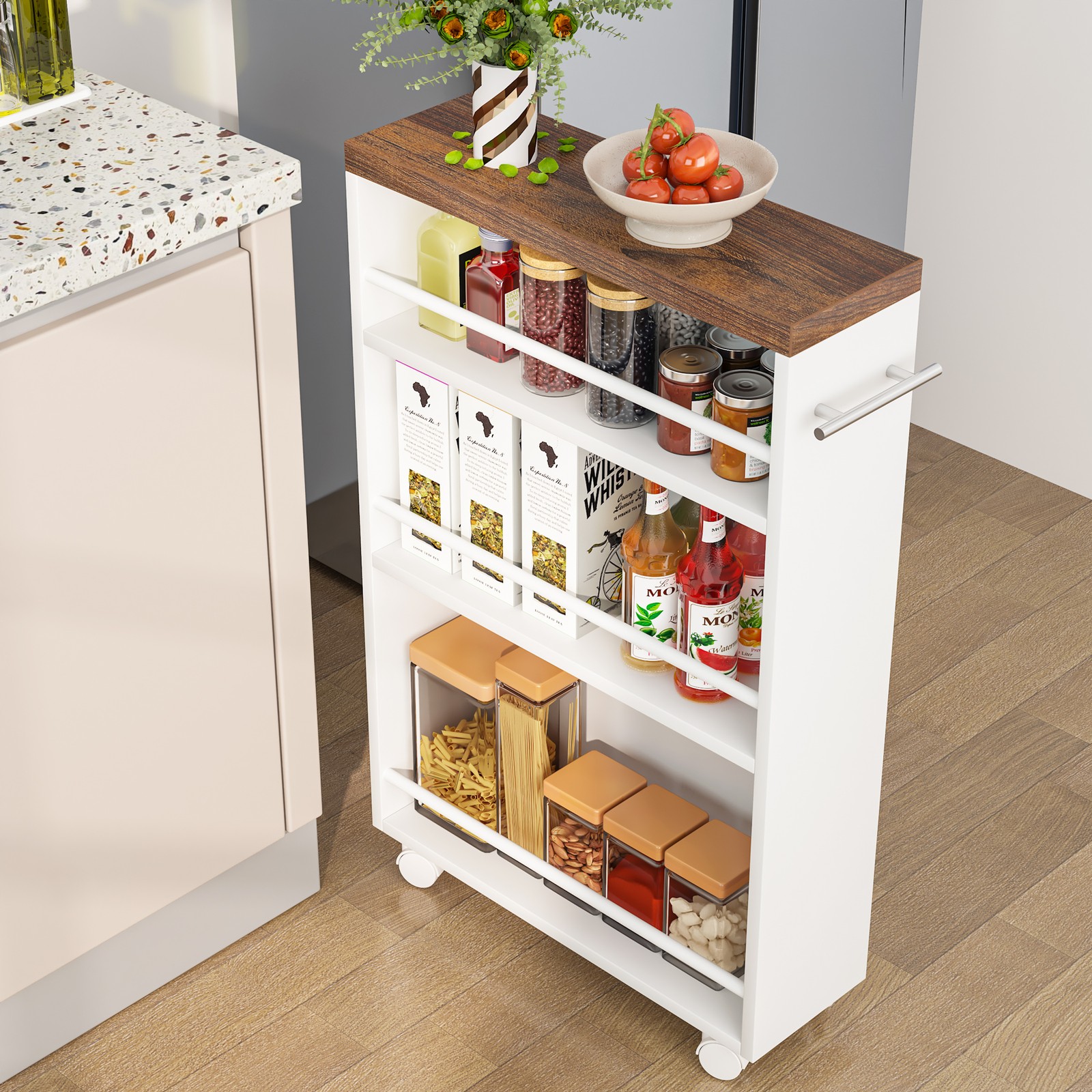 Rolling Slim Storage Cart w/ Wheels ,4-Tier Kitchen Cart Narrow Storage Cabinet