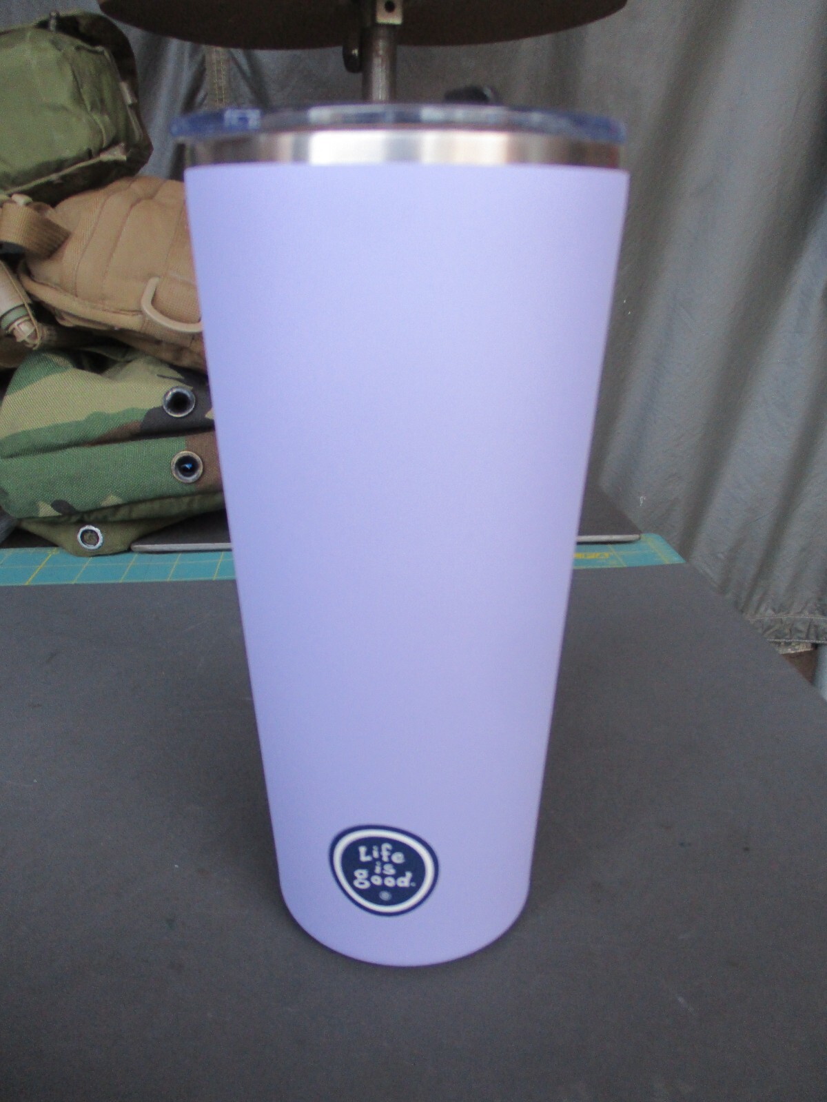 LIFE IS GOOD Tumbler, 25oz, NAMASTE Yoga Hydro Cup, Excellent, Light Purple