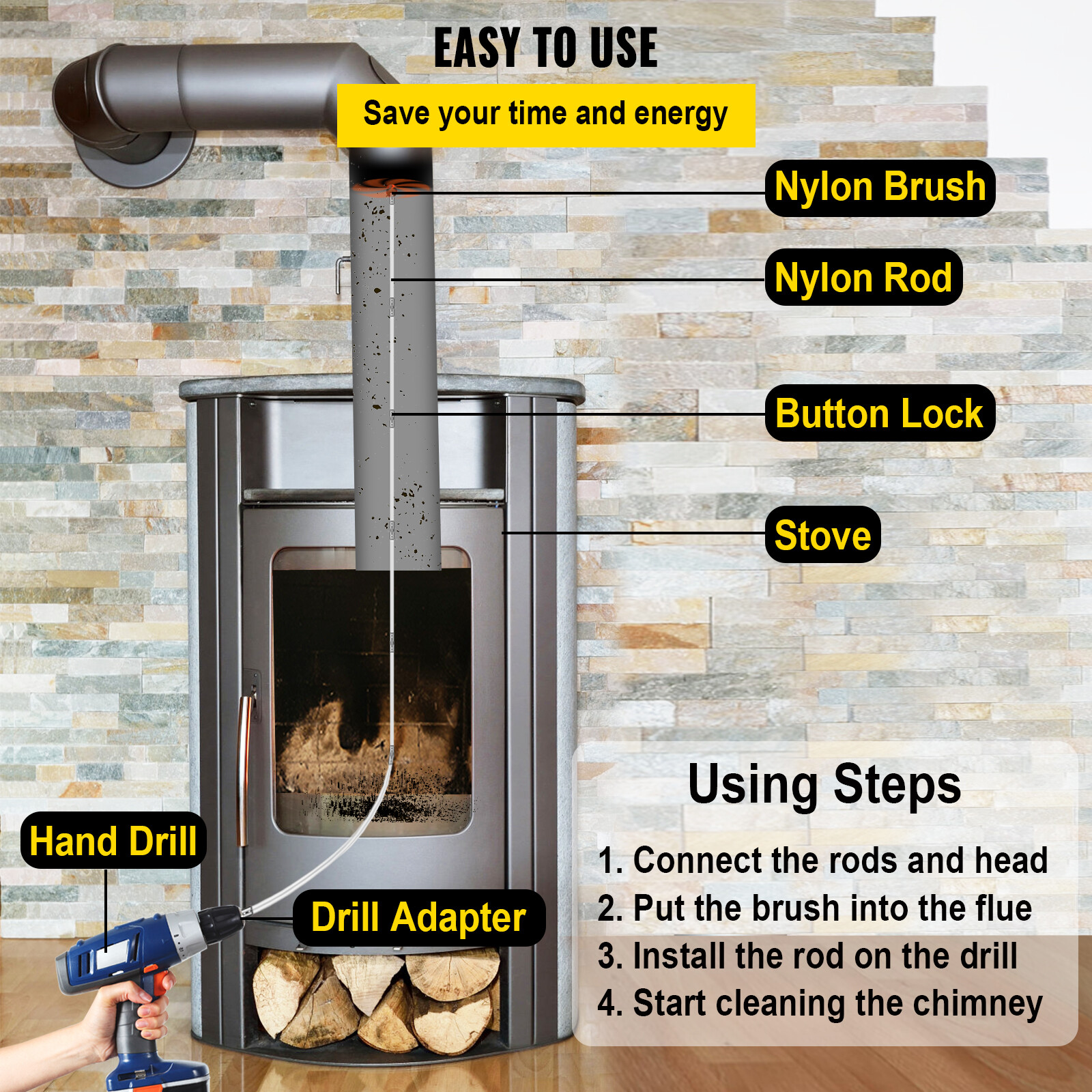 33FT Chimney Cleaner Sweep Kit Cleaning System Rotary Brush Rod Fireplace 10m