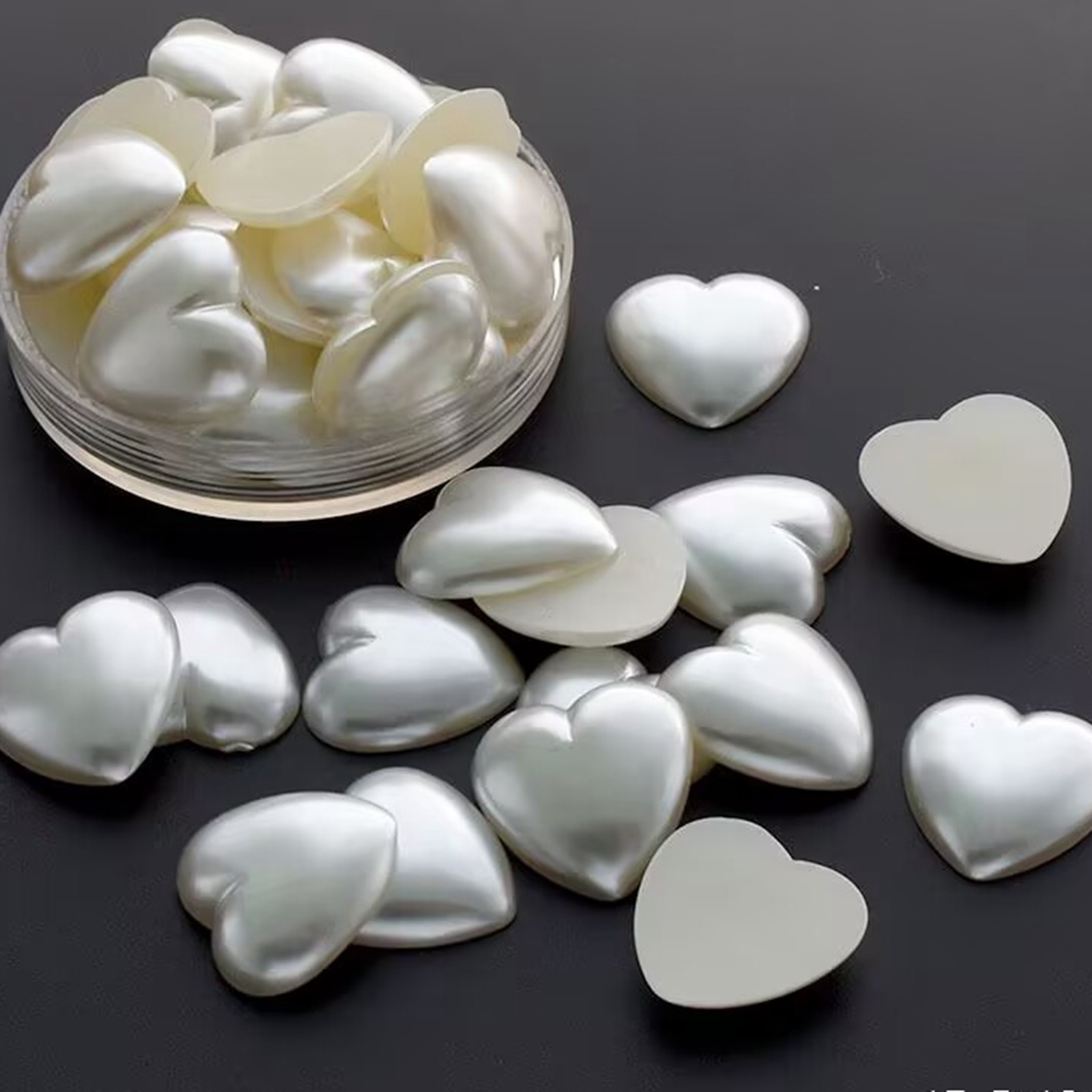 50 Ivory Acrylic Half Pearl FlatBack Heart Bead 15X15mm Scrapbook Craft