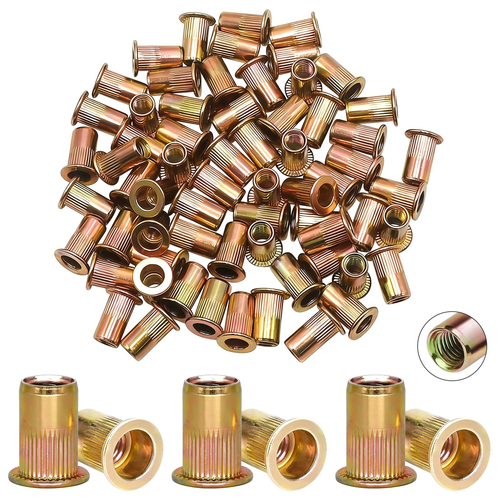 115Pcs M6 Rivet Nuts, M6 Zinc Plated Carbon Steel Flat Head Threaded Insert N...