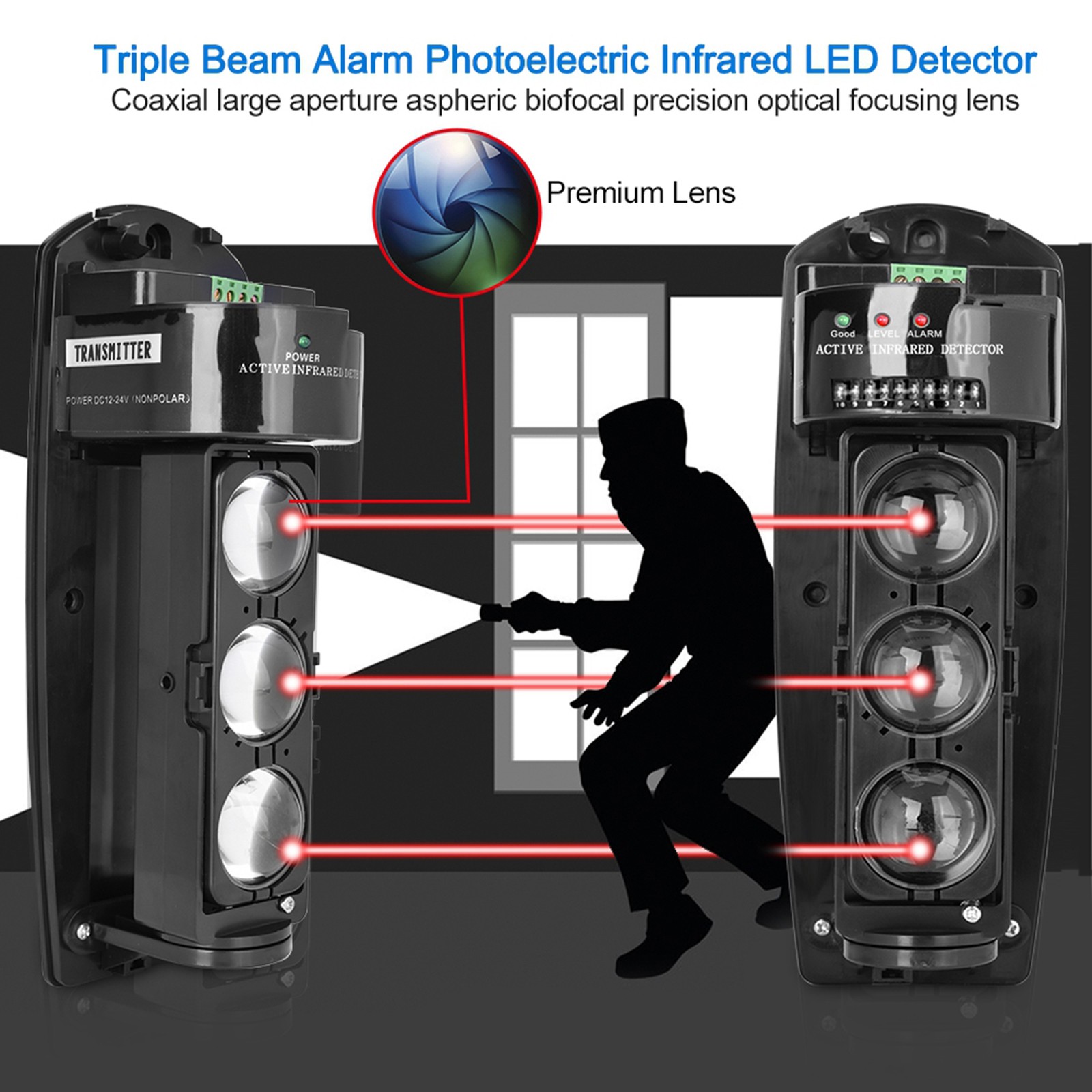 Triple Beam Alarm Photoelectric Infrared LED Detector Security System ABE-200