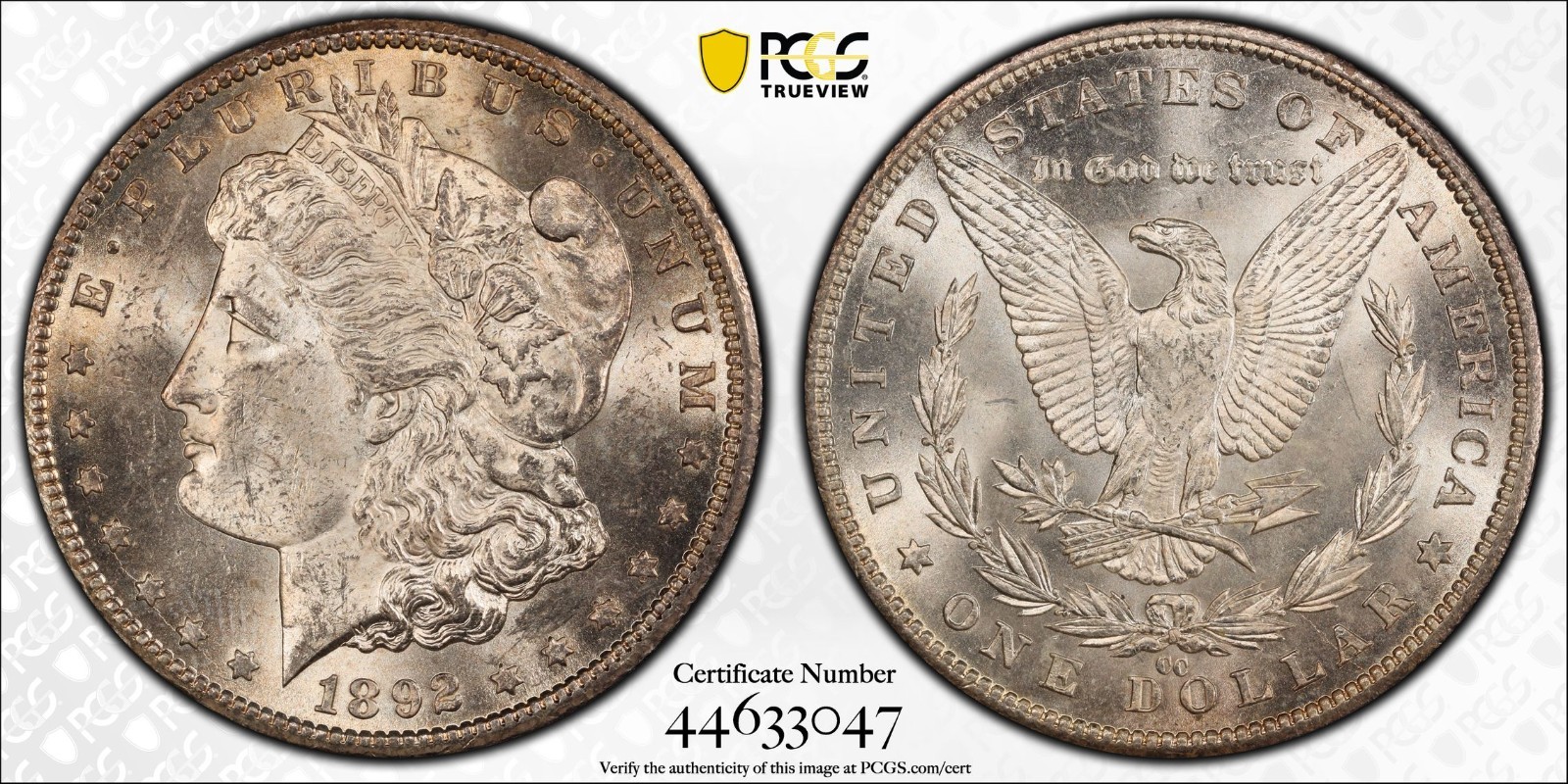 1892 CC Morgan Silver Dollar $1 PCGS MS62 Carson City Key Date