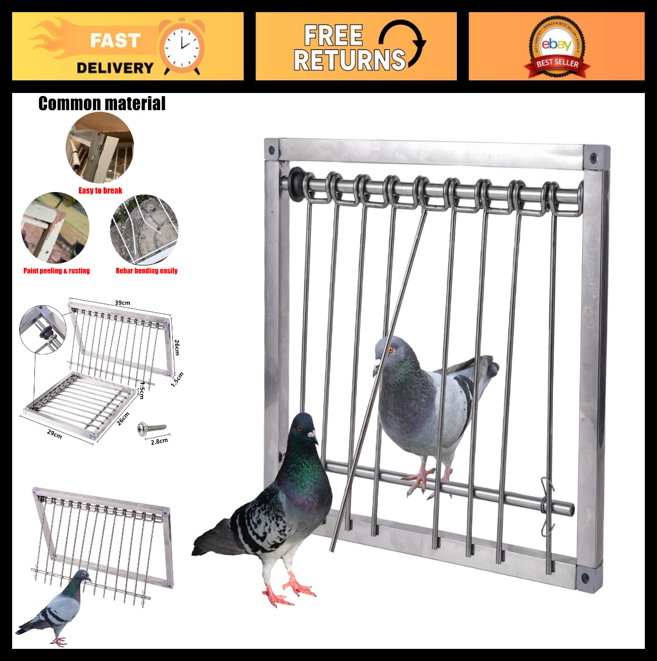 Stainless Steel Pigeon Trap Cage with Door & Wire Bars - U-Trap for Birds (29x26