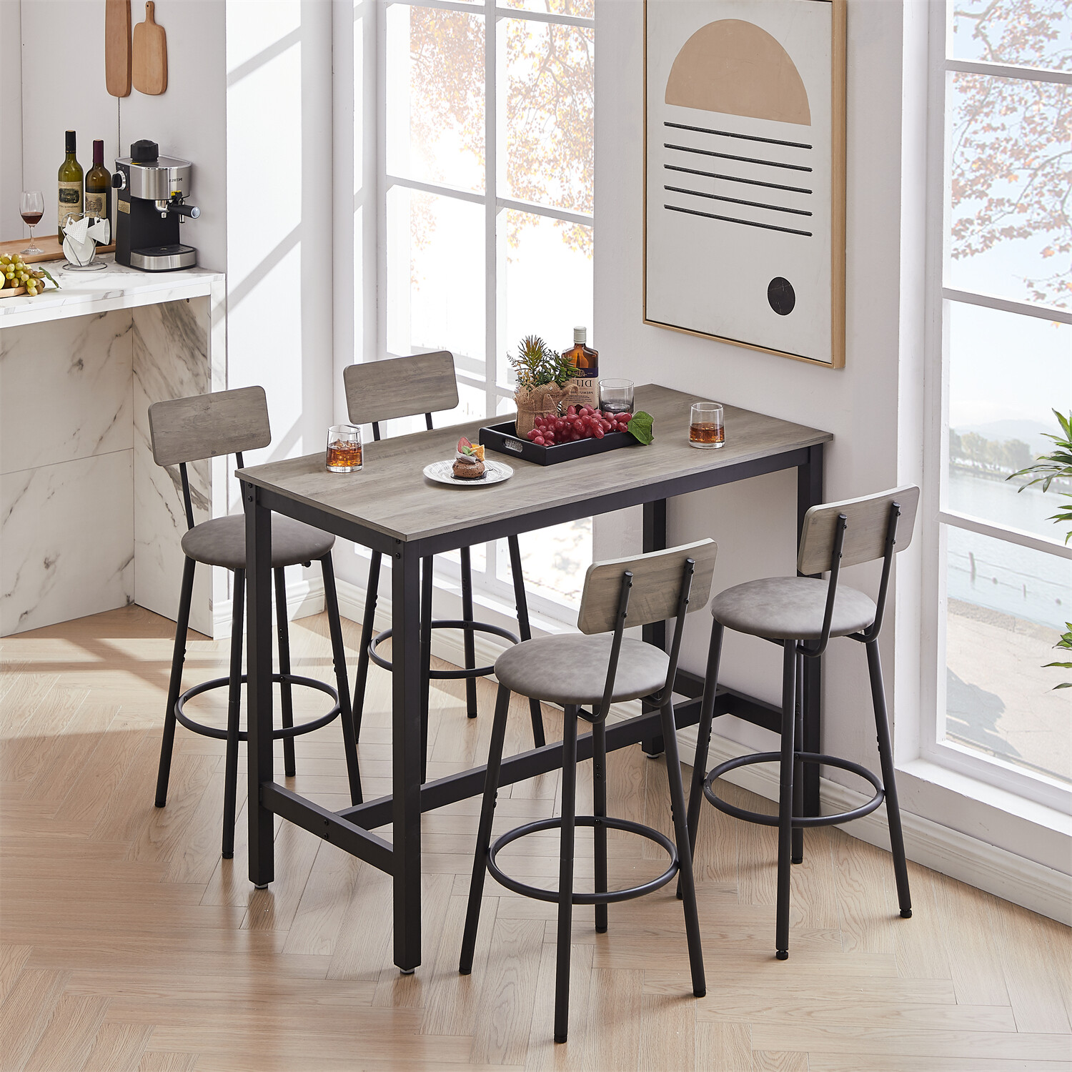 3/5 Piece Bar Table Set Counter Height Kitchen Dining Pub Table with Bar Stools
