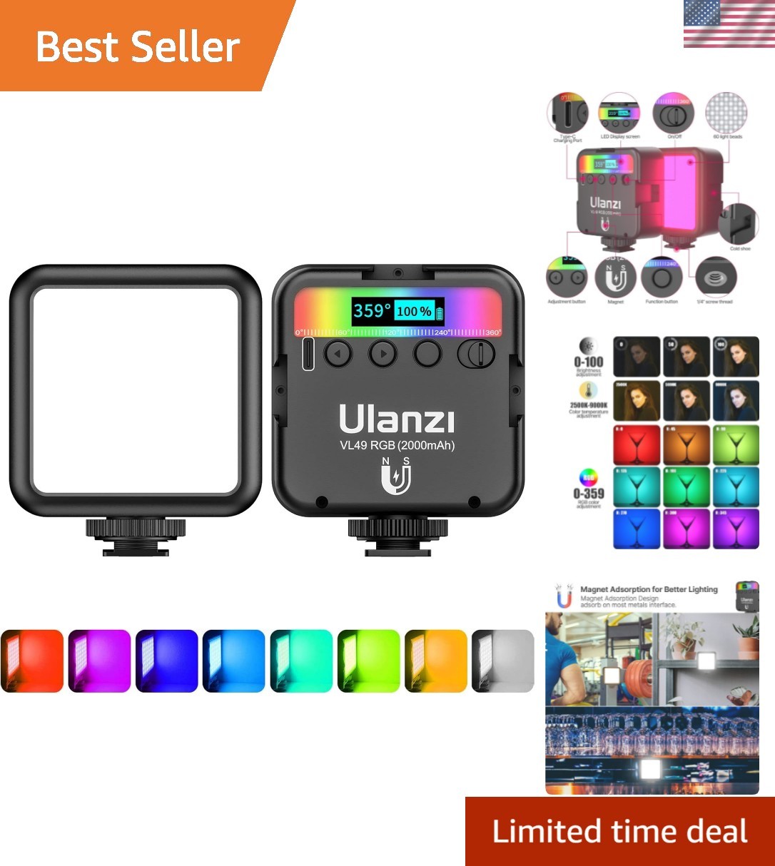 VL49 RGB Video Lights, LED Camera Light 360° Full Color Portable Photography ...