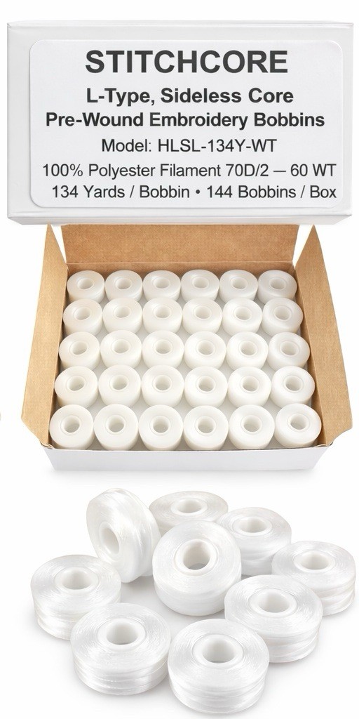 STITCHCORE L-Type Sideless Pre-Wound Embroidery Bobbins Polyester 60WT 134Y