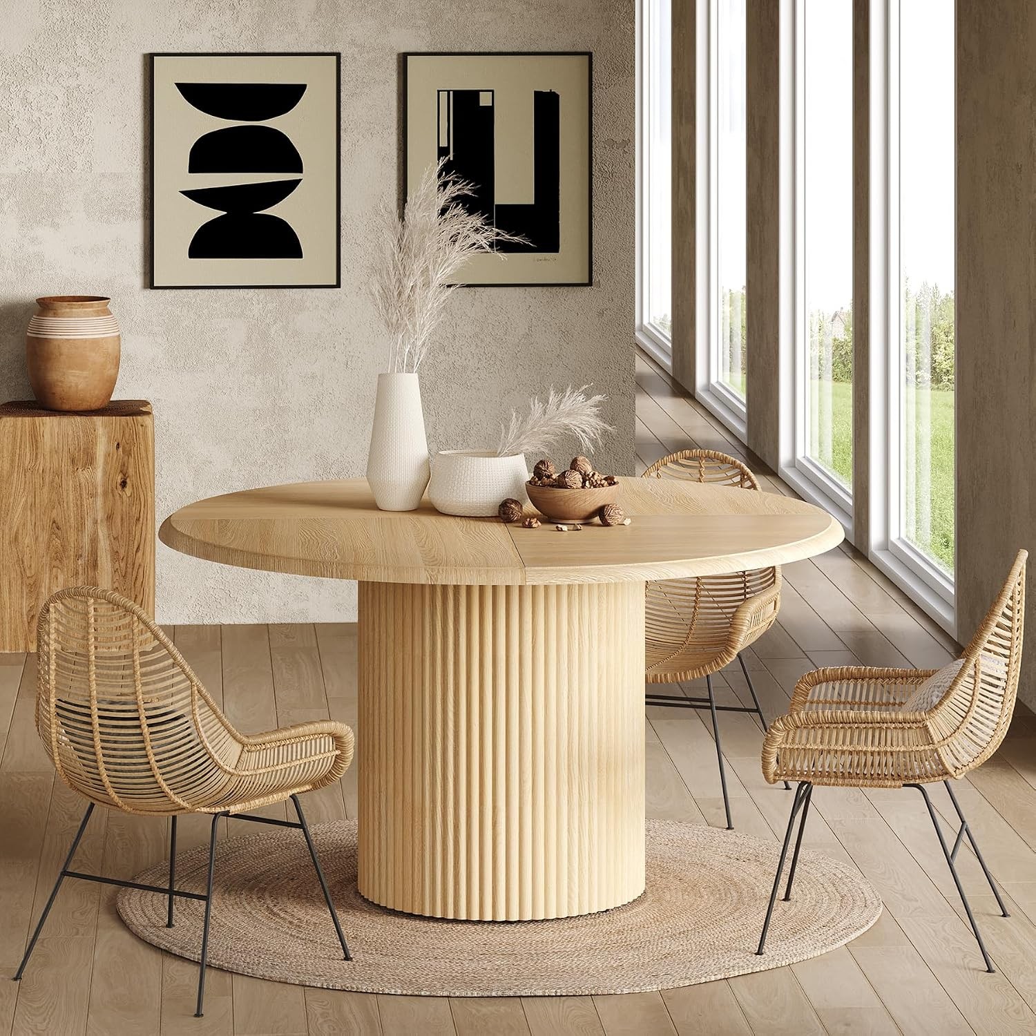 47 Inches Round Dining Table 4 Farmhouse Natural Wooden Dining Room Table W/