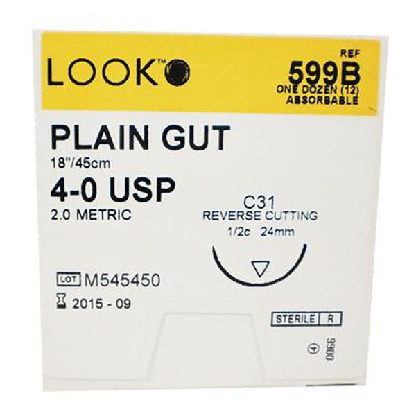 Look X599B Plain Gut Absorbable Sutures 4-0 18" C31 1/2 Circle 24mm 12/Pk