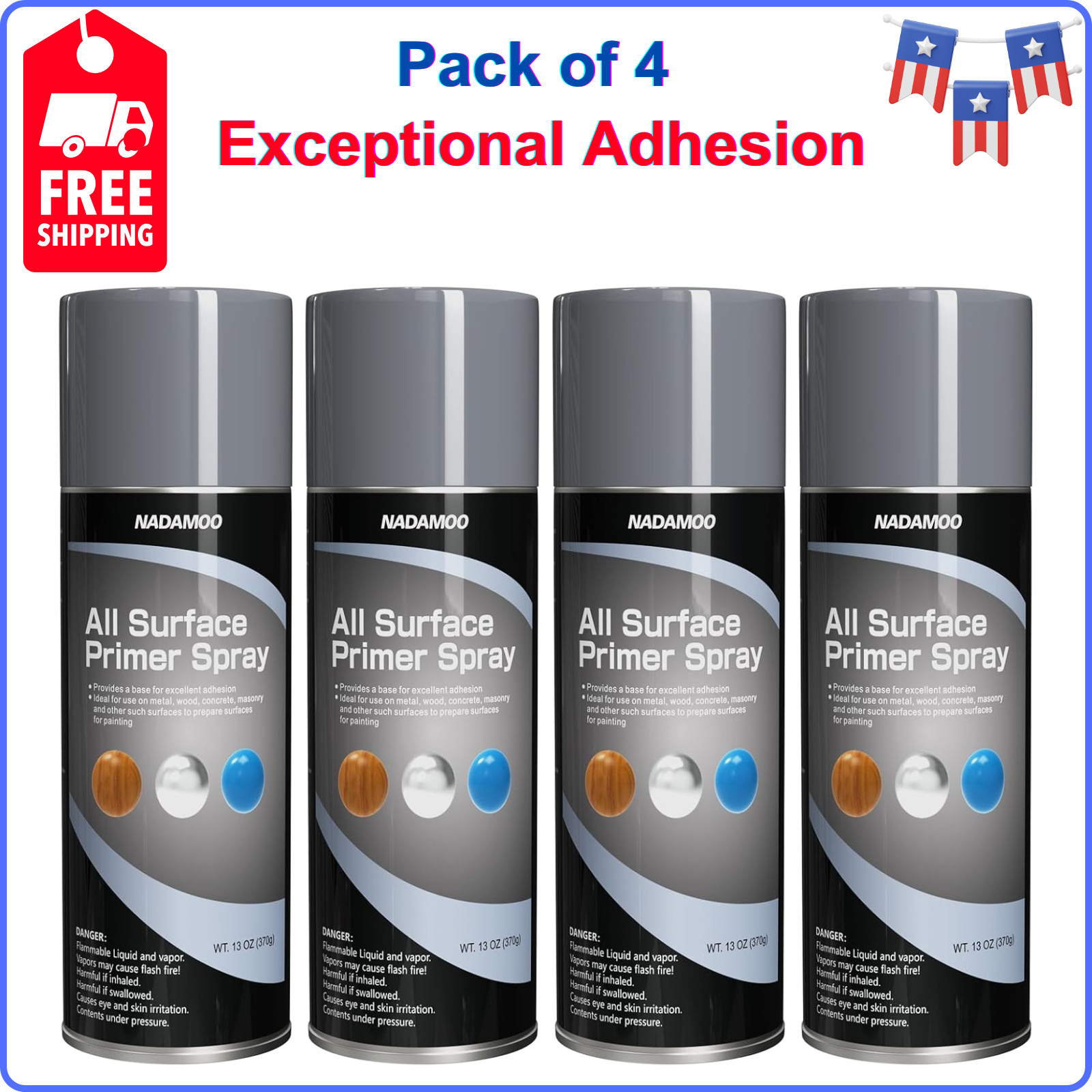 NADAMOO All Surface Primer Spray - One-Part Epoxy Primer Matte Gray, Pack of 4