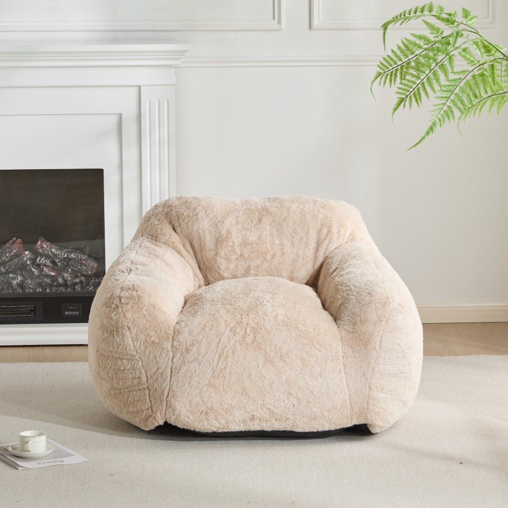 Beige Faux-Fur Bean Bag Chair, Indoor Cozy Armchair-Style, Shredded Foam Filler