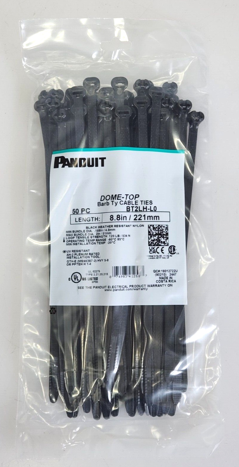 50-Pack, Panduit BT2LH-L0 Dome-Top Barb Ty Cable Ties, 8.8in (221mm), Black, NEW