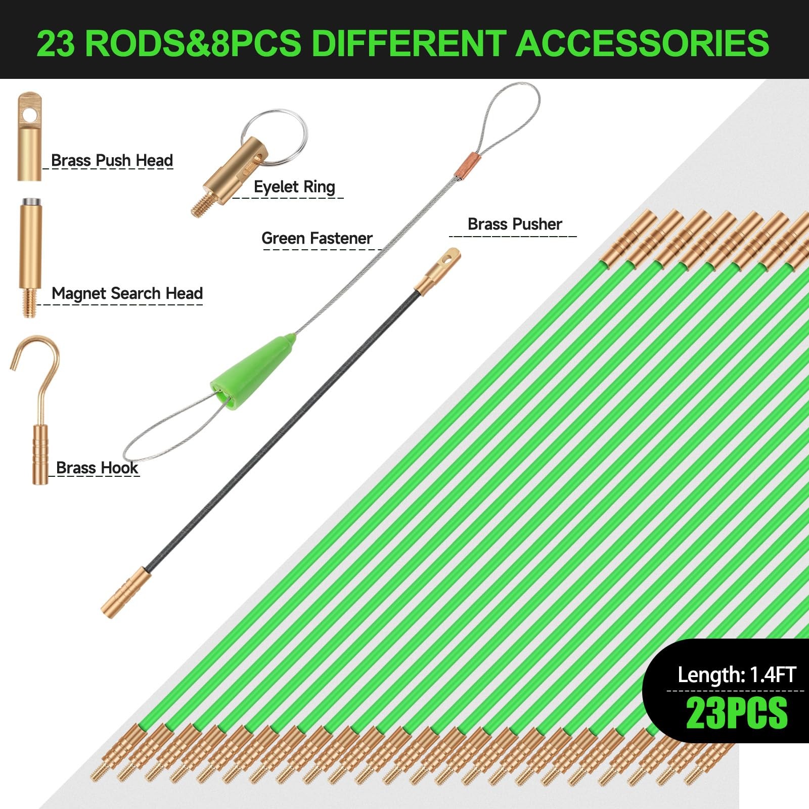 32.2FT Fiberglass Running Electrical Wire Cable Glow Rods Wire Pulling, Fish ...