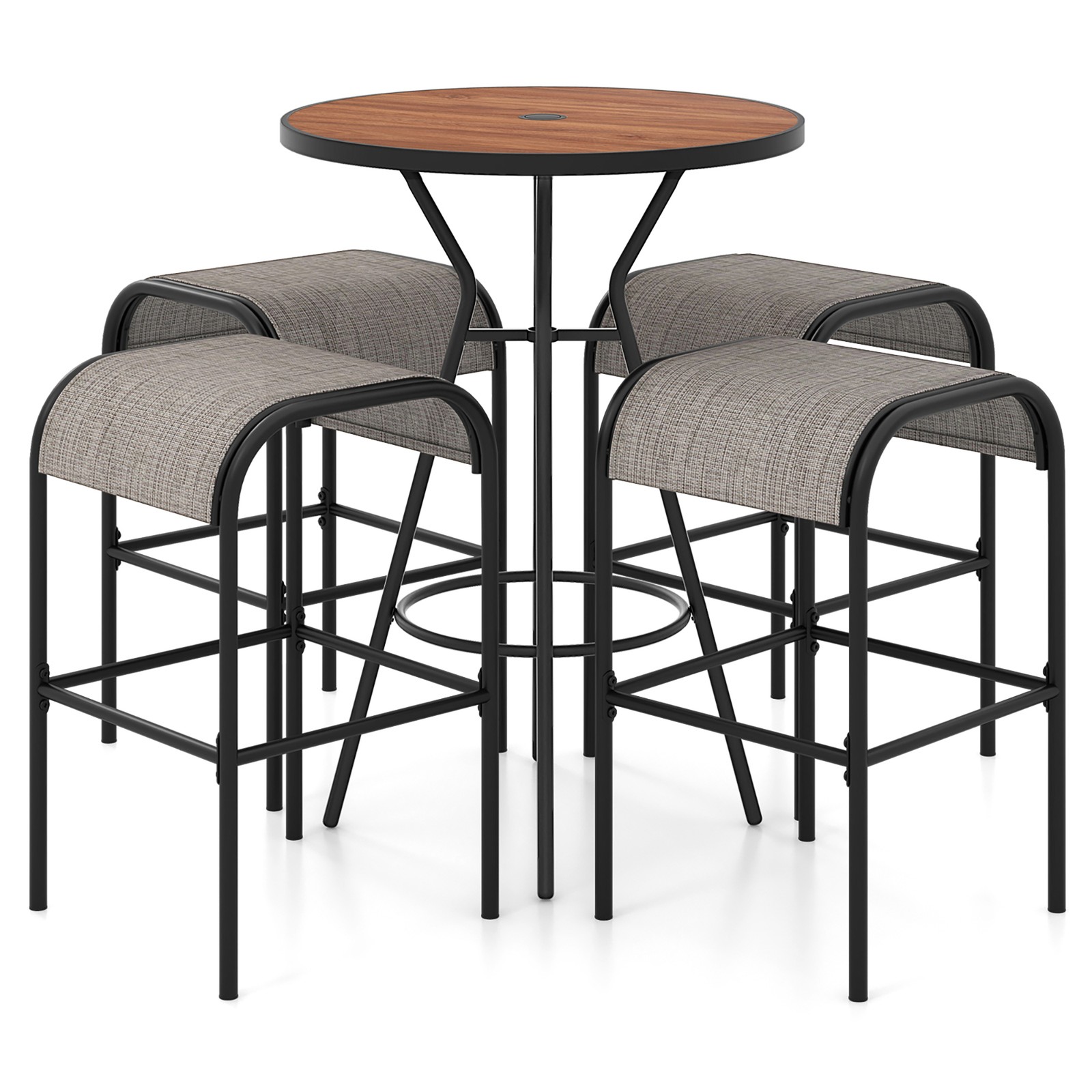 5 PCS Patio Bistro Set Round Table w/ 1.6" Umbrella Hole & 4 Stools Metal Frame