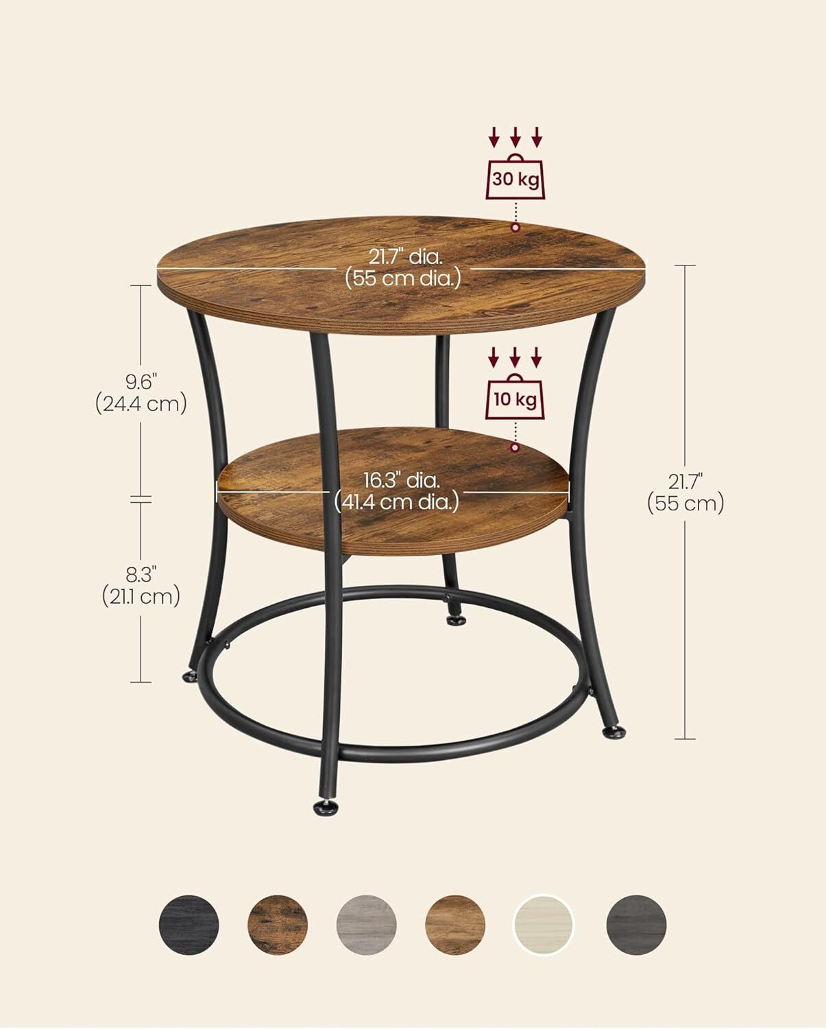 Side Table, Round Side Table with 2 Shelves, Rustic Brown and Ink Black