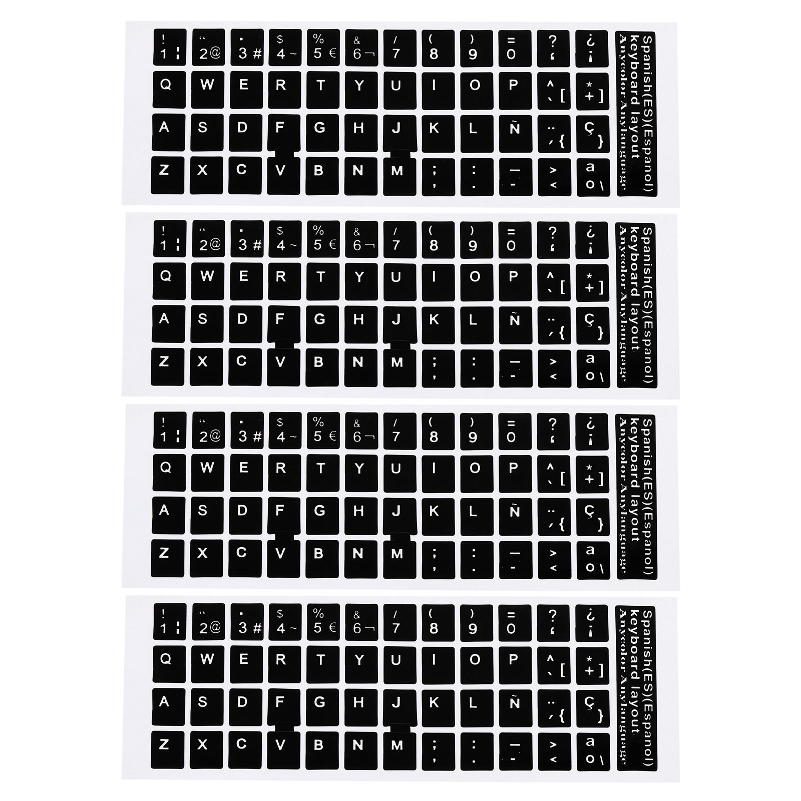 4 x Spanish Keyboard Stickers Cover Smooth Black Background White Lettering
