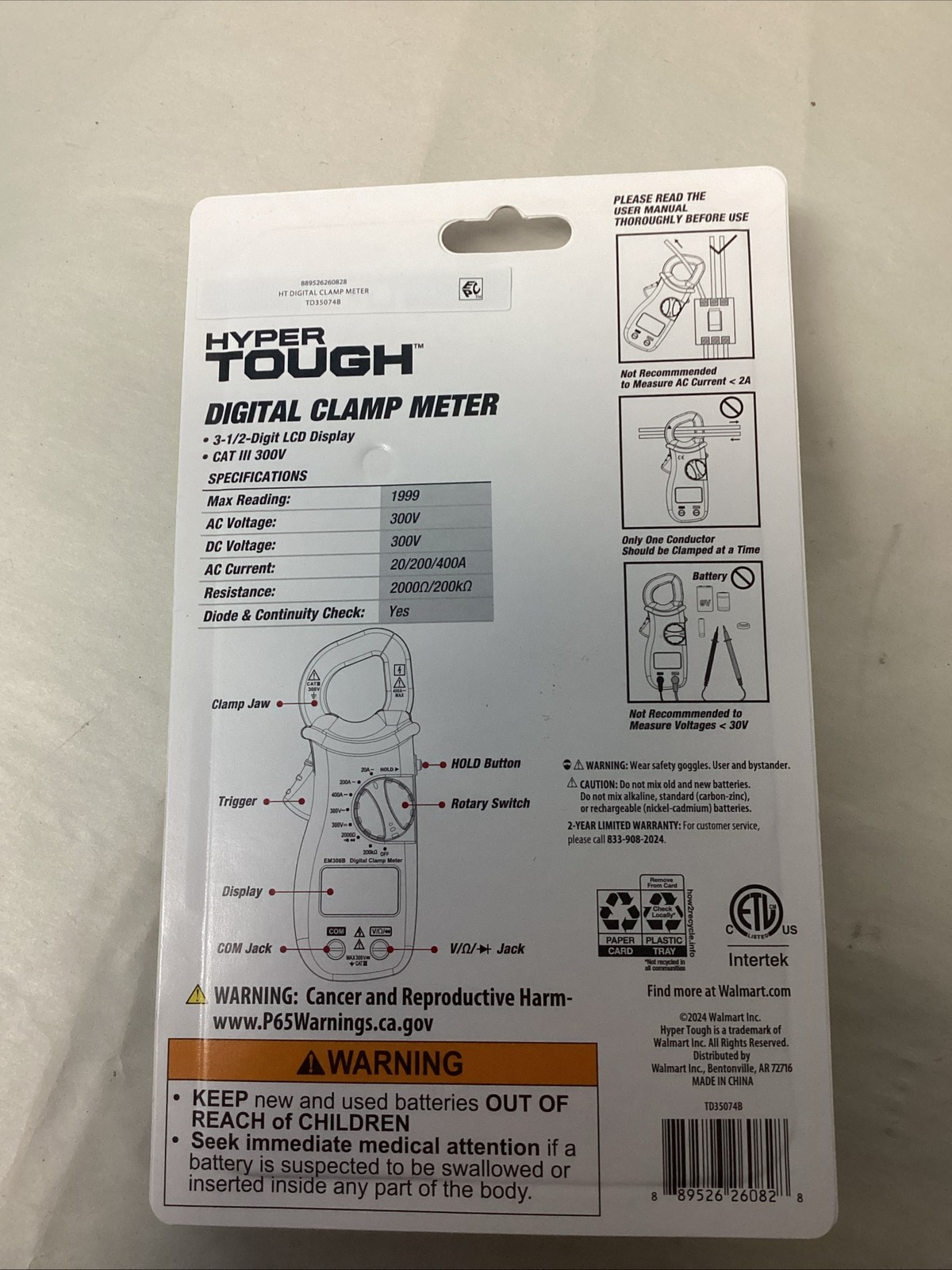 Hyper Tough DIGITAL CLAMP METER AC DC 300V LCD Display Diode & Continuity Check