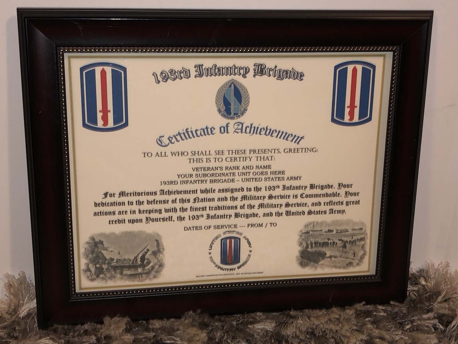 193RD INFANTRY BRIGADE - COA / (COMMEMORATIVE CERTIFICATE)