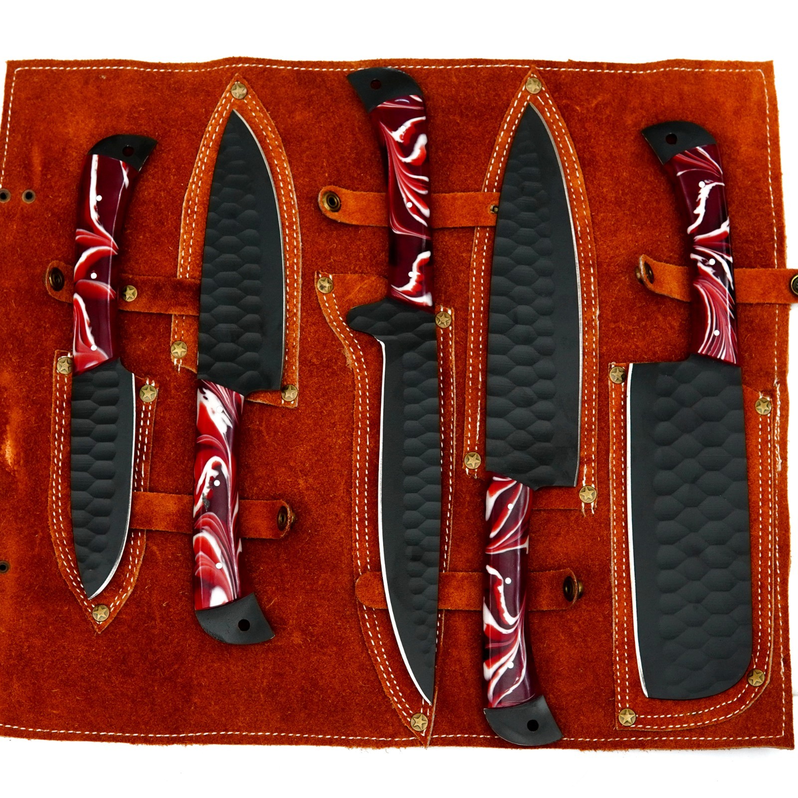 CUSTOM HANDMADE D2 HAMMERED PATTERN 5 PIECES CHEF SET WITH LEATHER CARRYING BAG