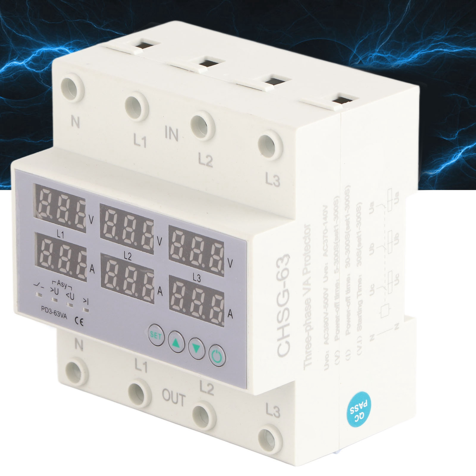3 Phase DIN Rail Voltmeter Ammeter Automatic Overvoltage Protector 63A Part