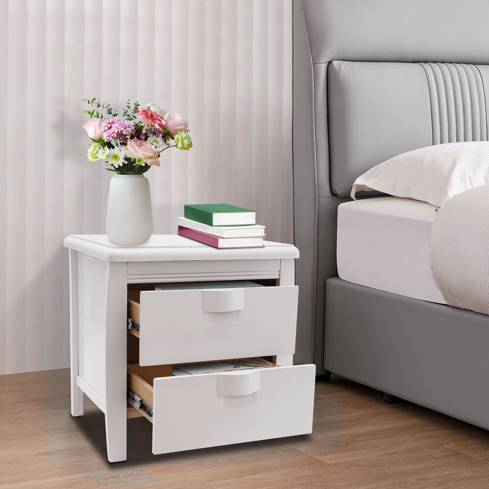 Assembly Free Solid Wood Nightstand White Bedside Table