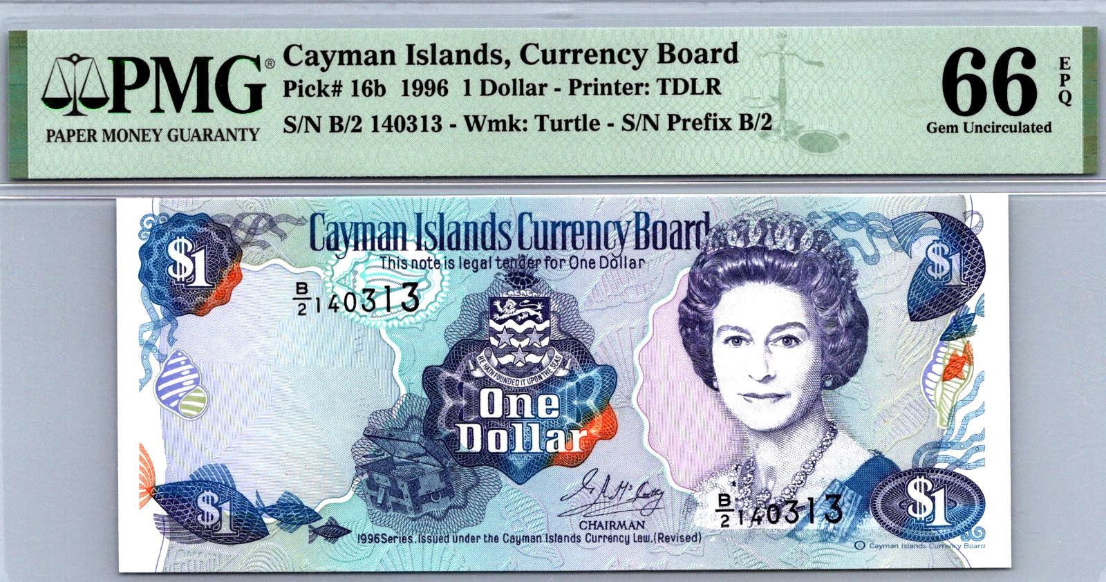 Cayman Islands 1 Dollar 1996 PMG 66 Gem UNC EPQ Pick-16B
