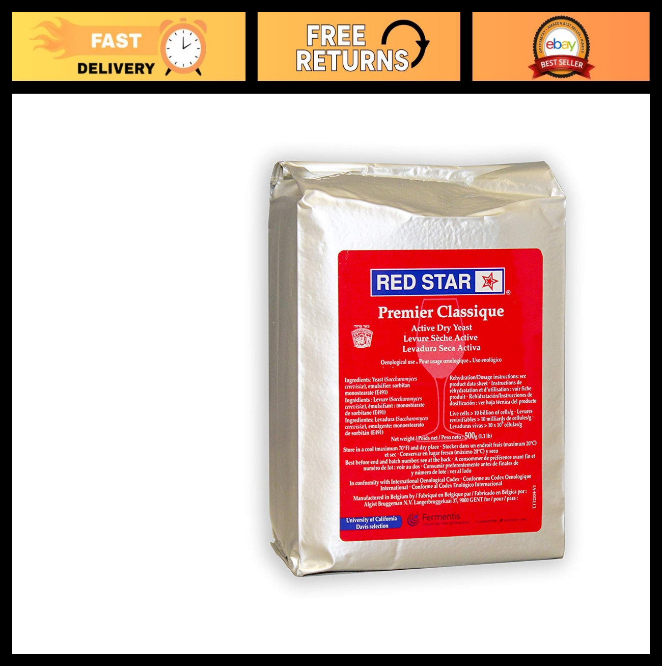 Premium Classique Red Star Yeast 500g Brick - Baking Essential for Bread & Pastr