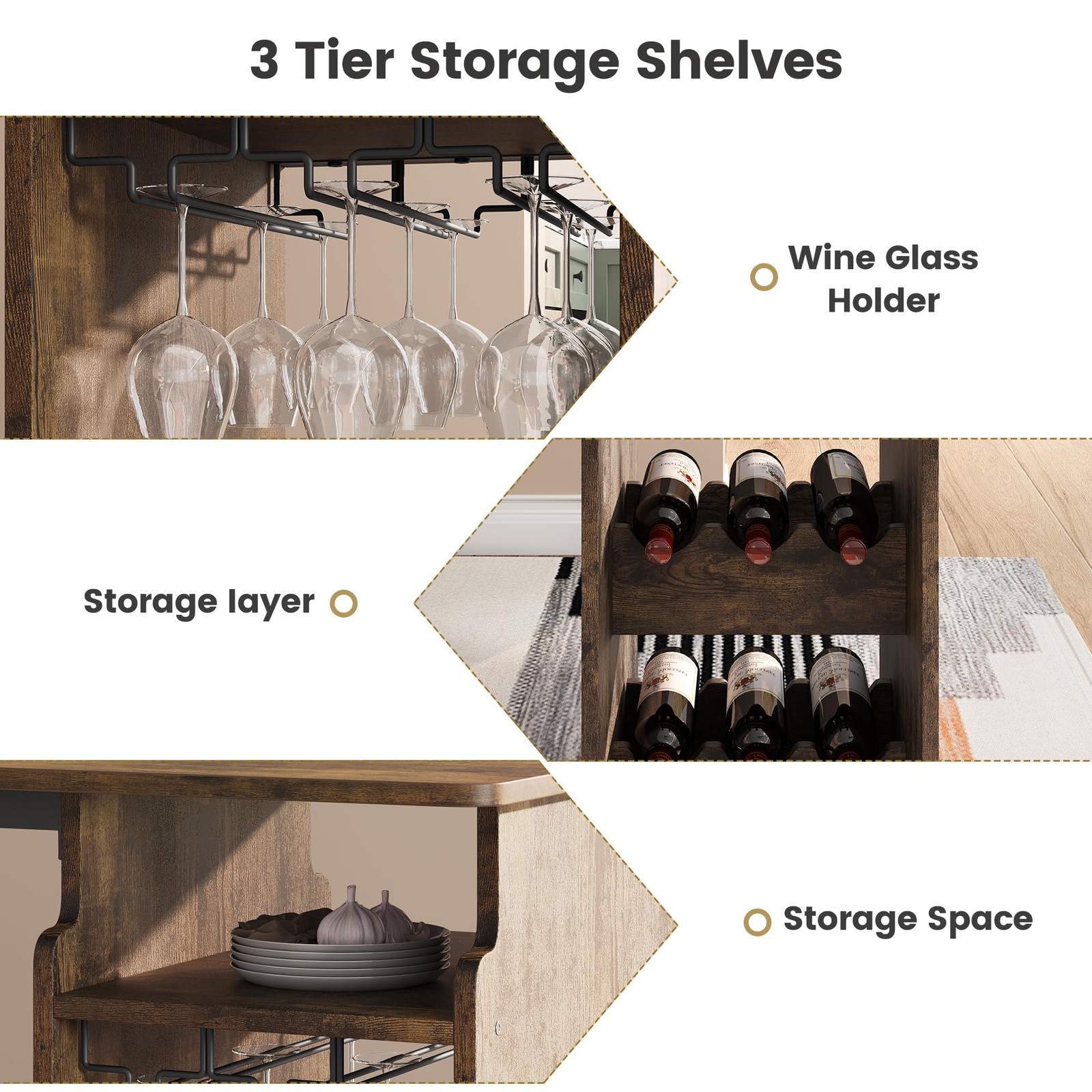 Rustic Bar Table Set with Triple-Level Wine Rack, Padded Stools, Stemware Hanger