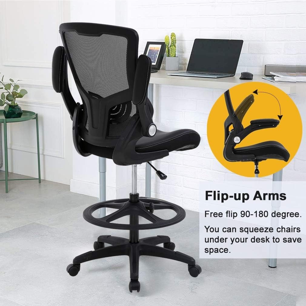 Tall Drafting Office Chair with Back Support & Foot Rest - Mesh and Faux Leather