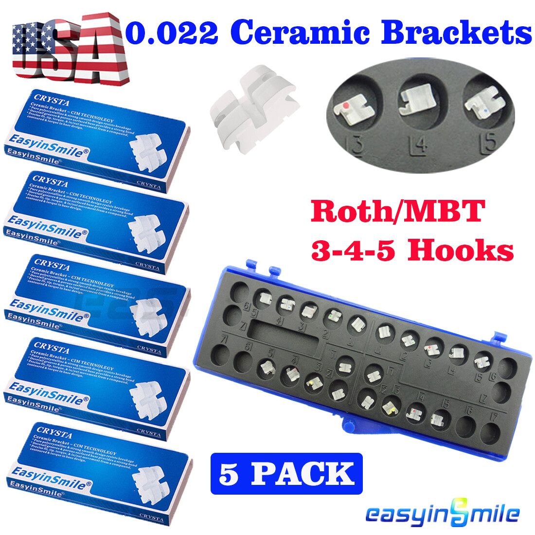 5PK Dental Ortho Ceramic Brackets Clear Braces Aesthetic Roth/MBT 022/18 345hook