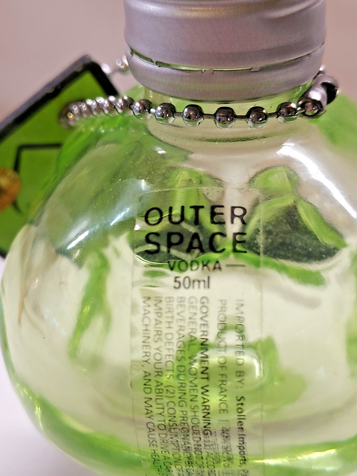 Outer Space Vodka Alien Head Bottle EMPTY 50ml Green Glass w/Tag 3.5"