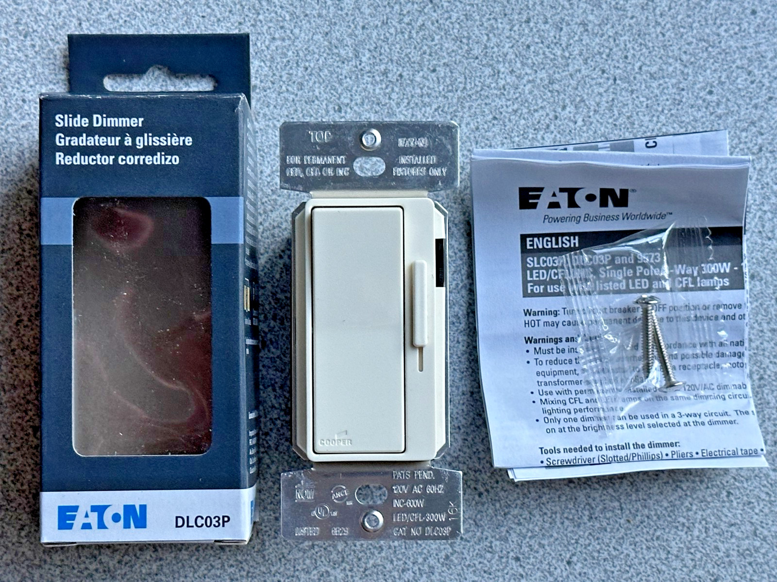 NEW EATON DLC03P-A 3-Way Decorator Dimmer Switch Almond 1P 300/600W LED/CFL/INC