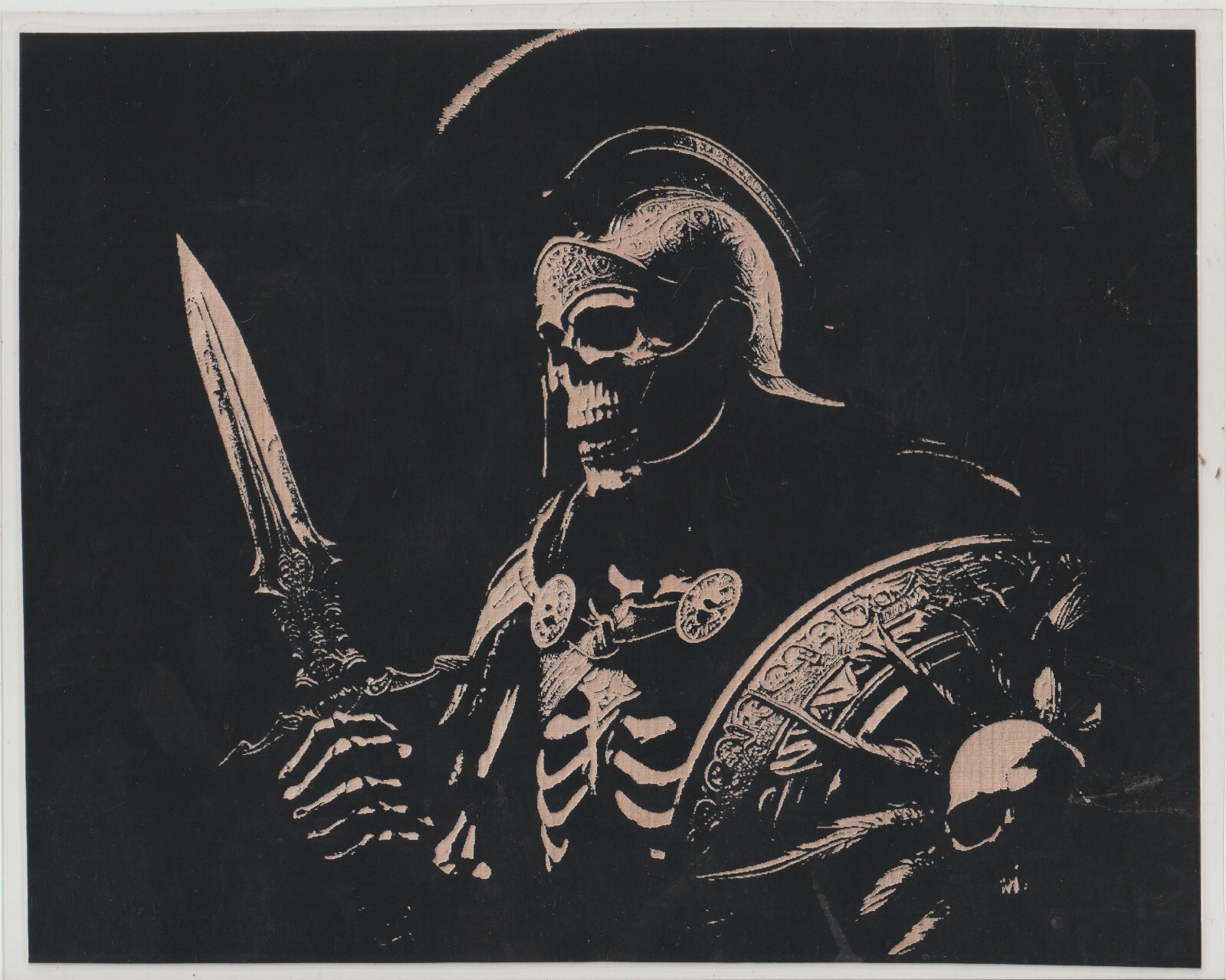Spartan Skeleton  GLOW IN THE DARK Scratchboard Art 8 x 10