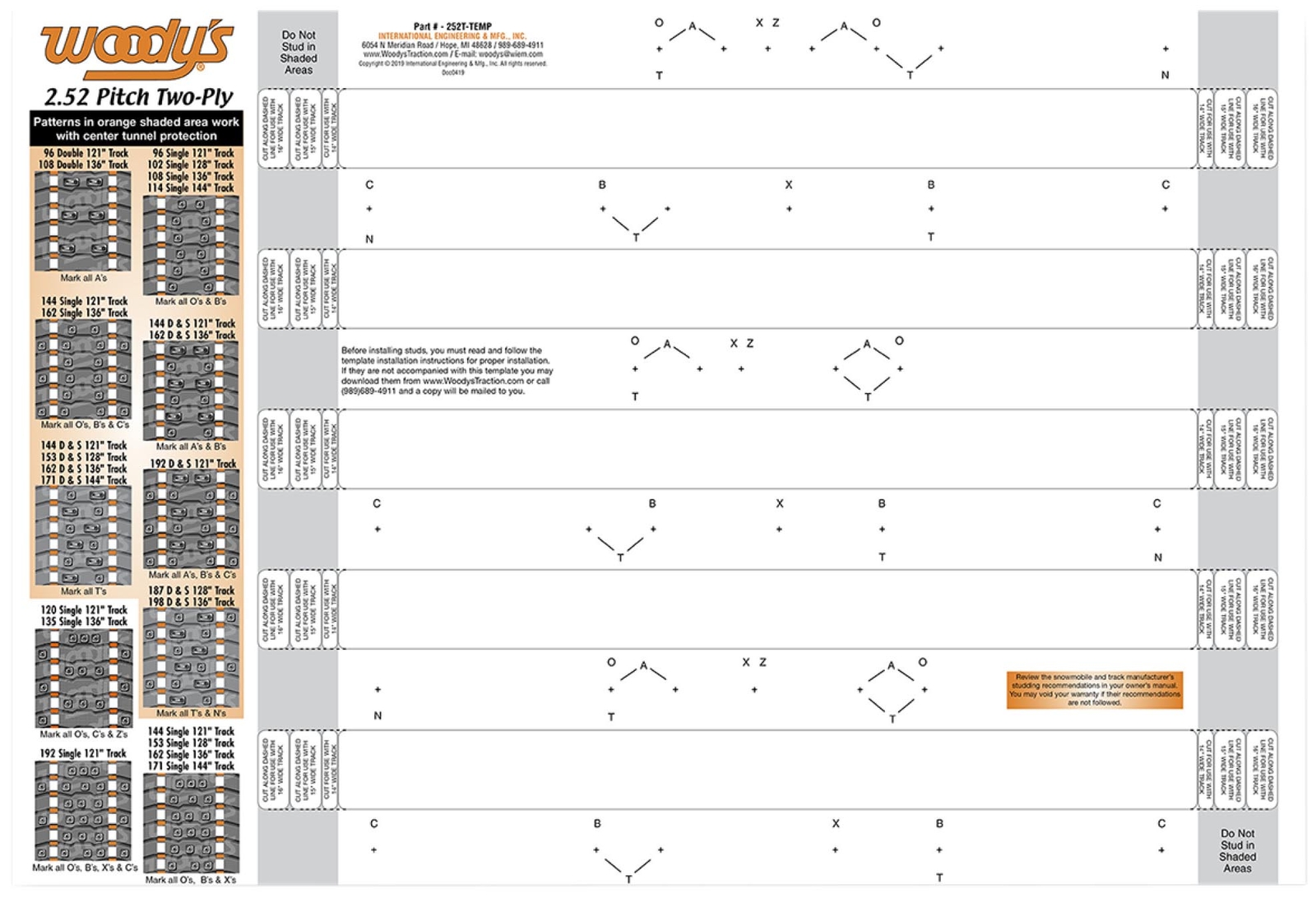 Woodys 252 Pitch Studding Template for 2-Ply Track Studding (252T-TEMP)