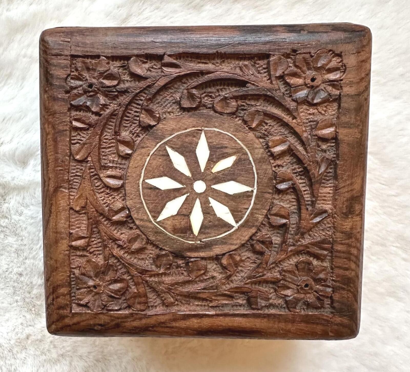 Vtg. Indian Sheesham Rosewood Carved Inlaid Square Floral Jewelry Keepsake Box