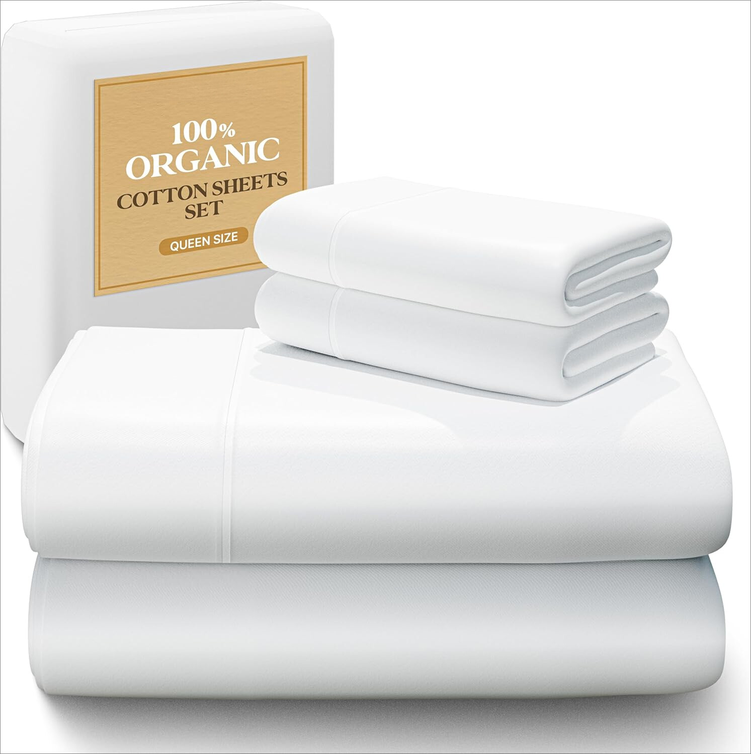 100% Organic Cotton Queen Size Sheet Set, 4 Queen Size Cotton SheetsWhite Sheets