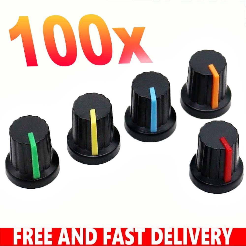 100pcs 6mm Shaft Hole Plastic Threaded Knurled Potentiometer Knobs Cap KIT 15*15