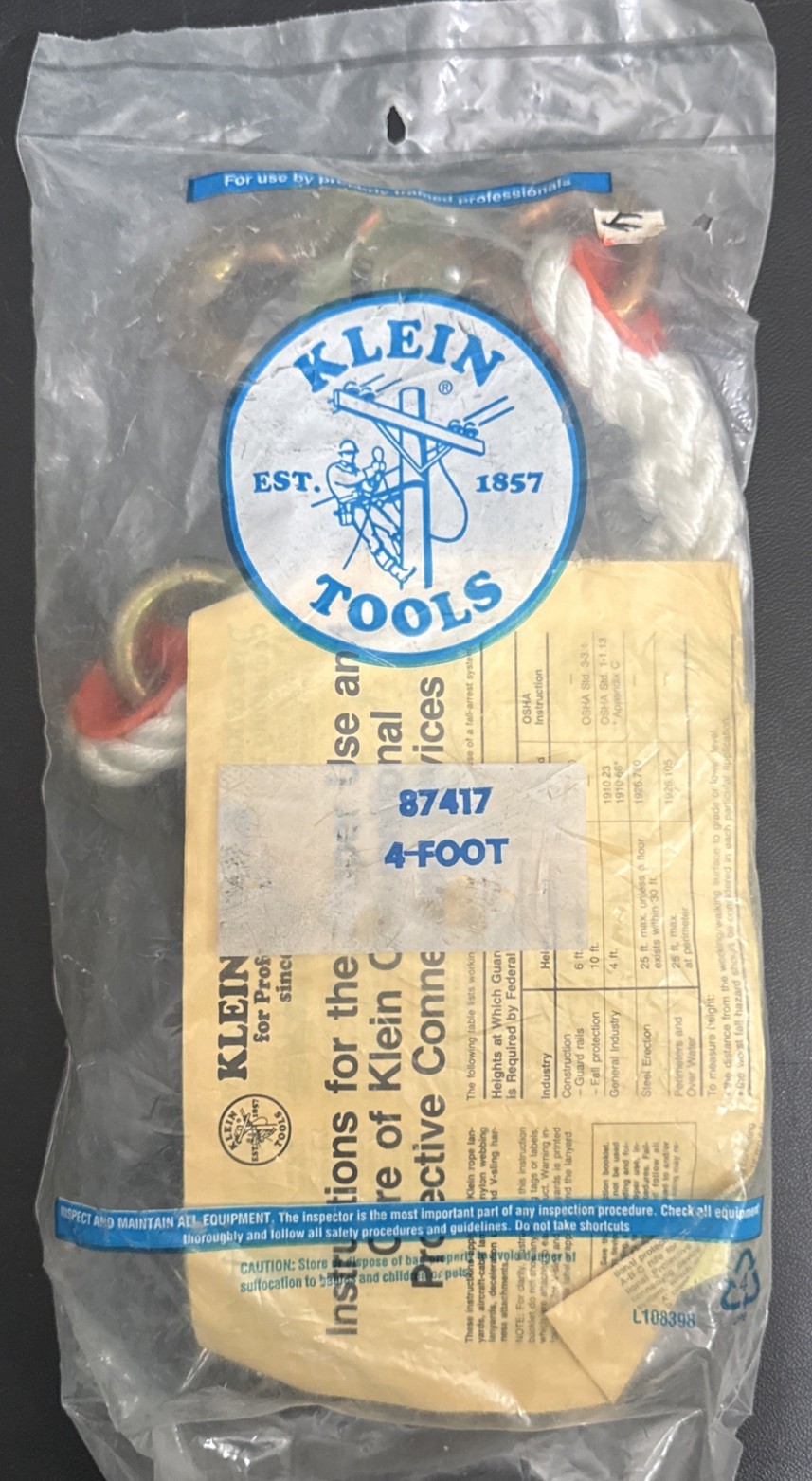 1995 VINTAGE NOS KLEIN TOOL 87417 LINEMAN NYLON LANYARD 1/2” X 4’ ROPE USA