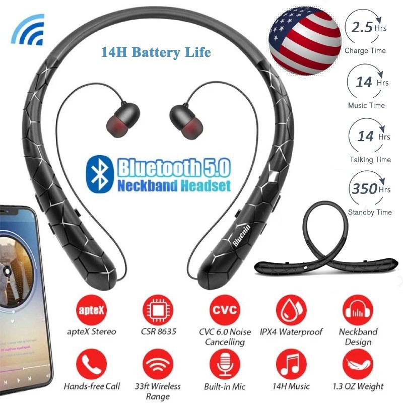 Sweatproof Bluetooth 5.0 Neckband Headset Earbuds Wireless Retractable Headphone