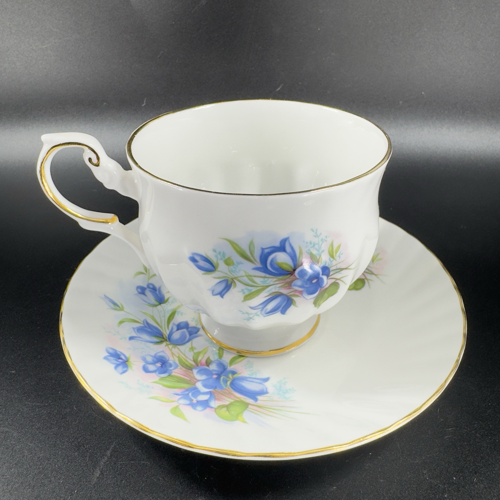 Queens Rosina China Co Blue Flowers Teacup Saucer Set Porcelain Vintage England