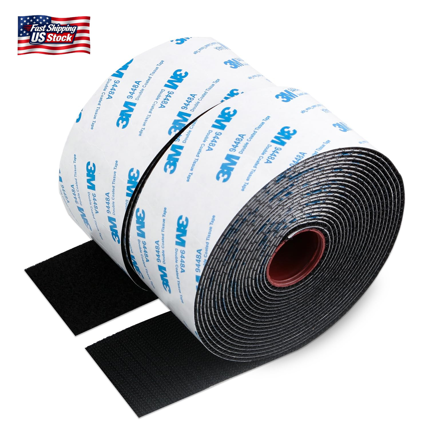 Adhesive Hook and Loop Tape with 3M Adhesive 9448A, 2" X 16.5Ft, Black | Heavy D